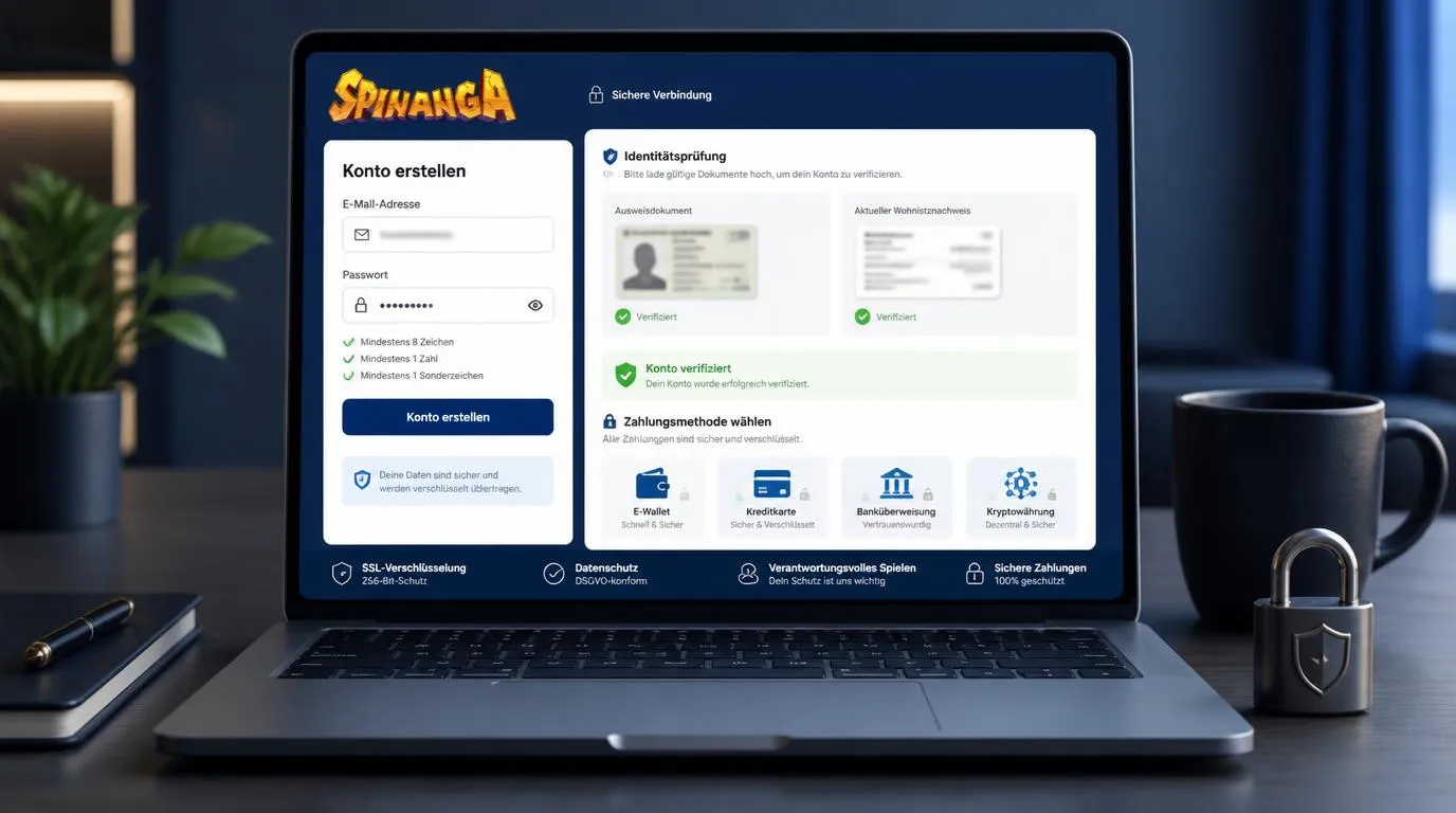 Sichere Casino-Kontoverifizierung mit Ausweisprüfung und geschützter Einzahlung am Laptop