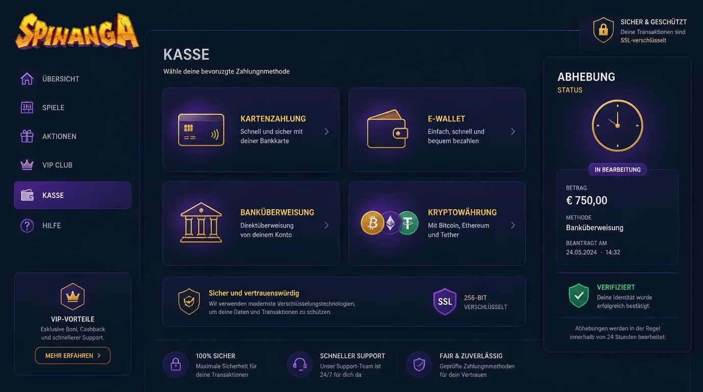 Kassenansicht mit Karte, E-Wallet, Banküberweisung und Kryptowährungen für Ein- und Auszahlungen