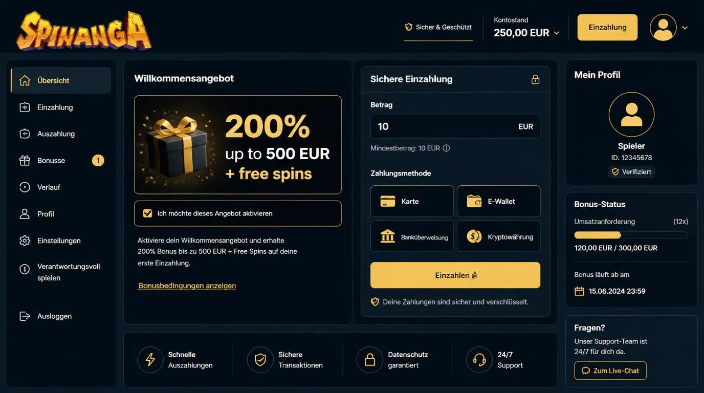 Kassenbereich eines Online-Casinos mit aktivierter Willkommensaktion und Einzahlung per Karte