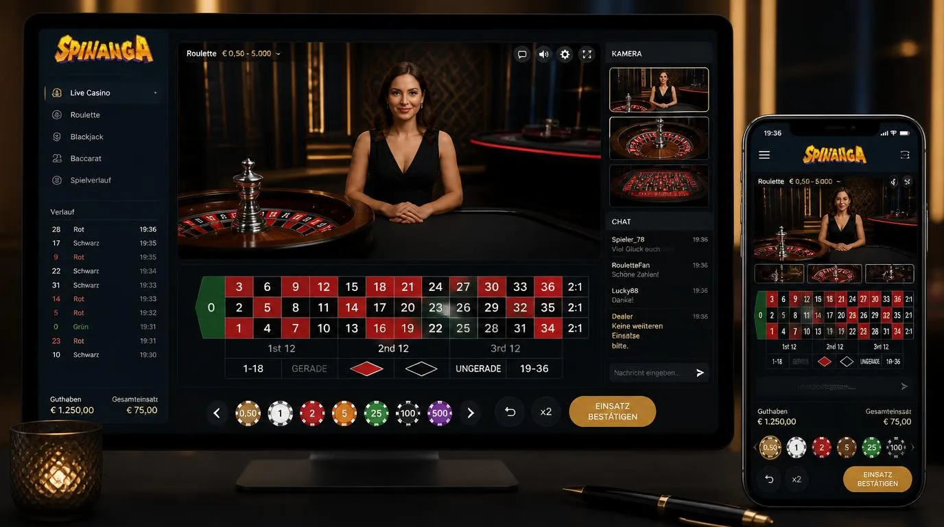 Live-Dealer-Tisch mit Roulette, mehreren Kameraperspektiven und Chat-Fenster in klarer Casino-Oberfläche