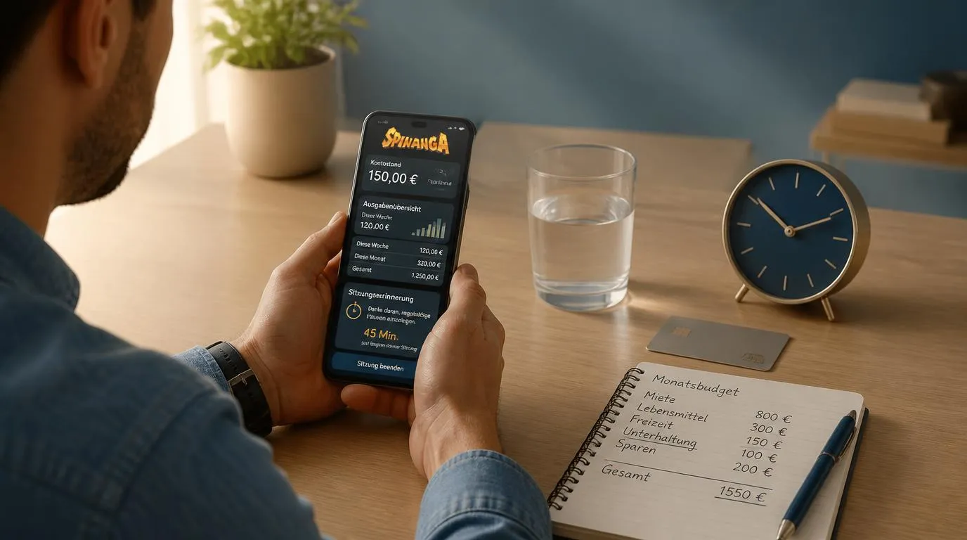 Person prüft auf einem Smartphone ihr Spielbudget neben einer Uhr und einer Zahlungskarte
