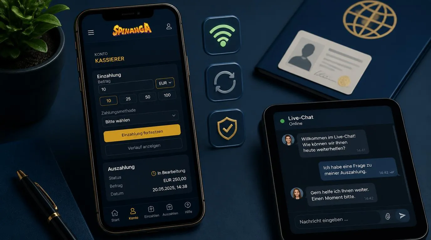 Smartphone mit Casino-Kassenbereich, stabilem WLAN-Symbol und geöffnetem Live-Chat zur mobilen Hilfe