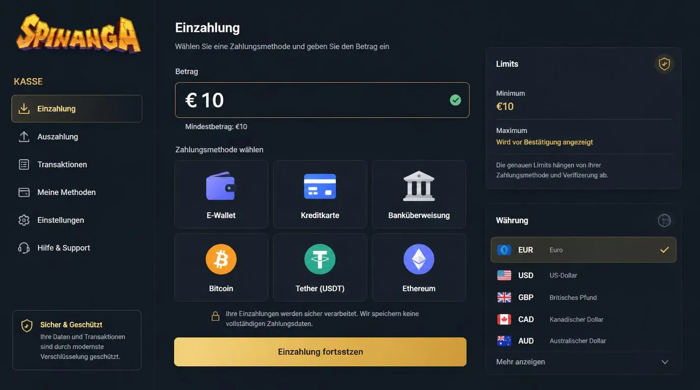 Kassenbereich eines Online-Casinos mit Zahlungsarten, Mindesteinzahlung von 10 Euro und Betragsfeld
