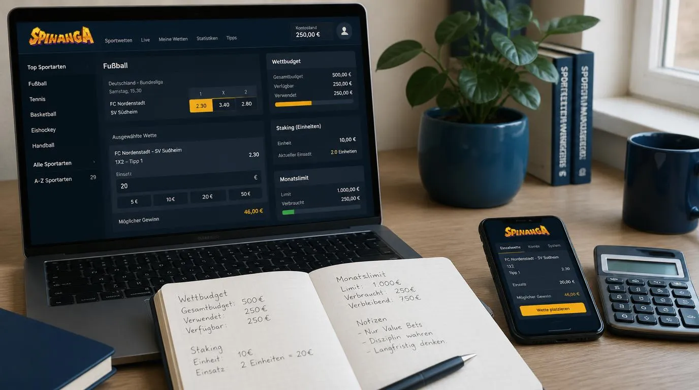 Wettbudget-Plan mit Einsatzgrößen, Quotenanalyse und dokumentierten Sportwetten auf einem Laptop