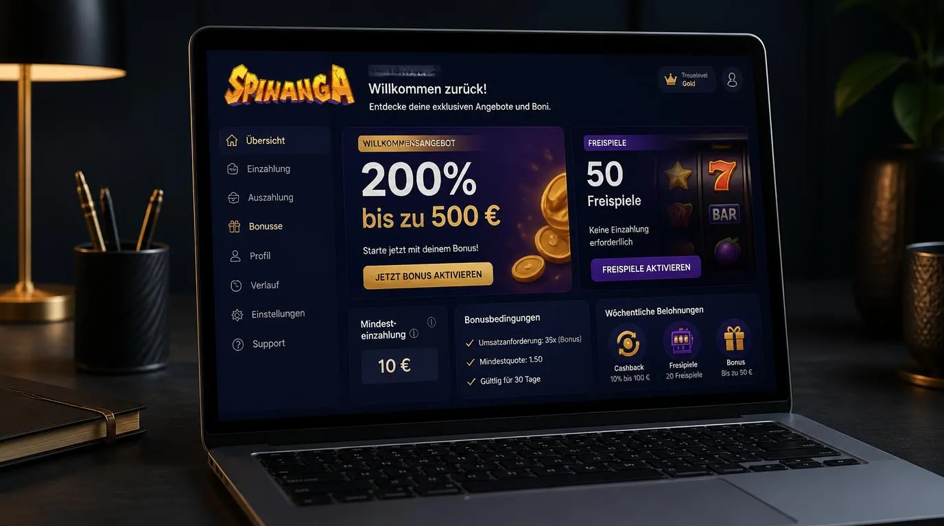 Bonusbereich eines Online-Casinos mit Willkommensangebot, Freispiele-Symbolen und Einzahlungsübersicht