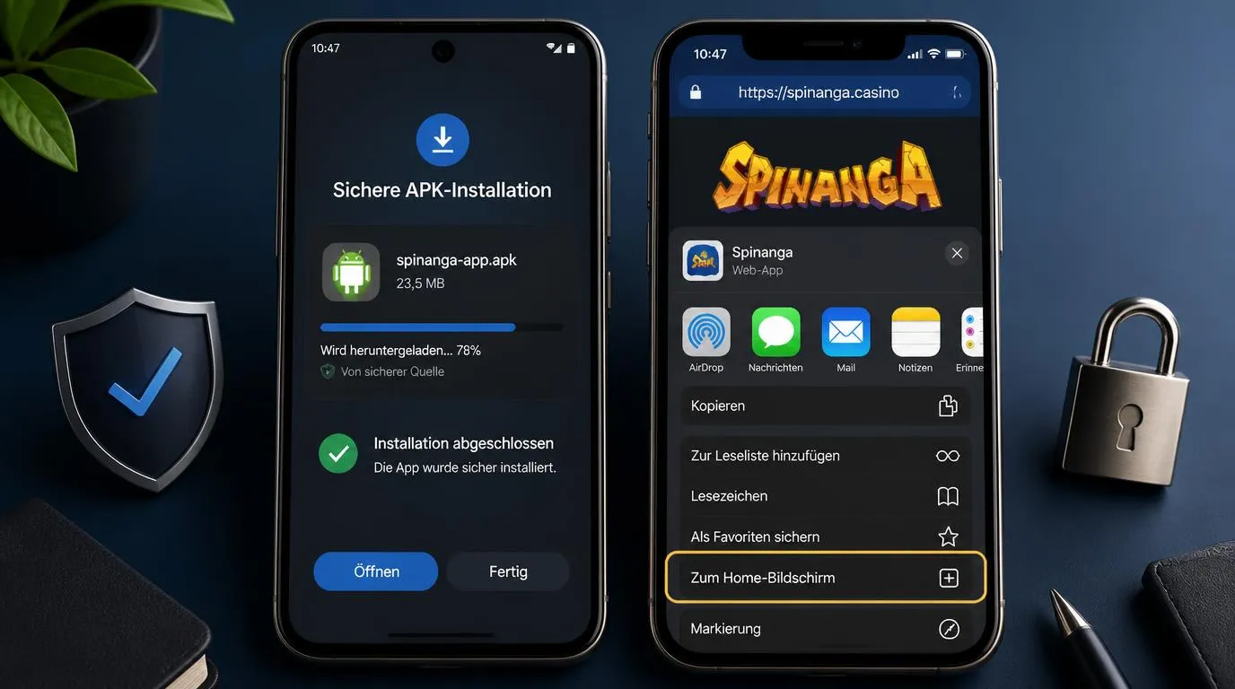 Android-Smartphone mit APK-Download und iPhone mit Web-App-Symbol auf dem Home-Bildschirm