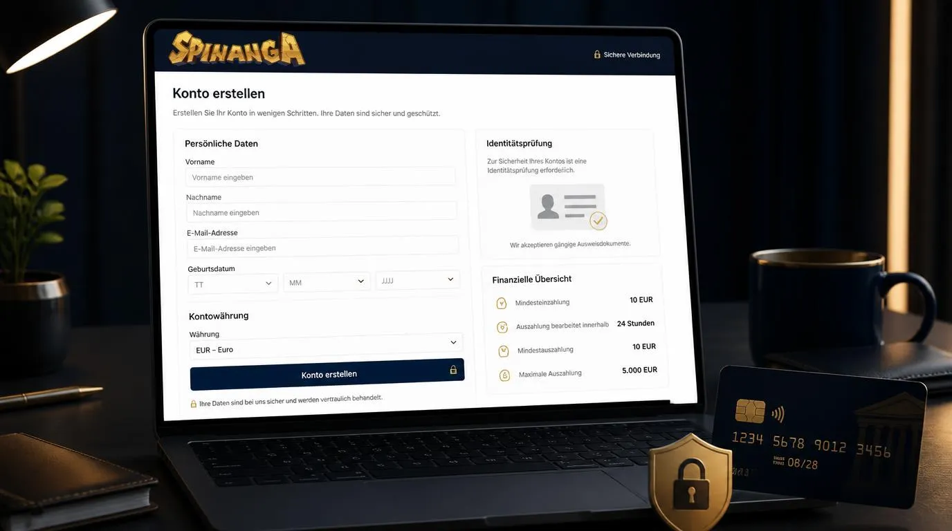 Registrierungsformular mit Kontowährung EUR, Ausweisdokument und Hinweis zur Auszahlung innerhalb von 24 Stunden