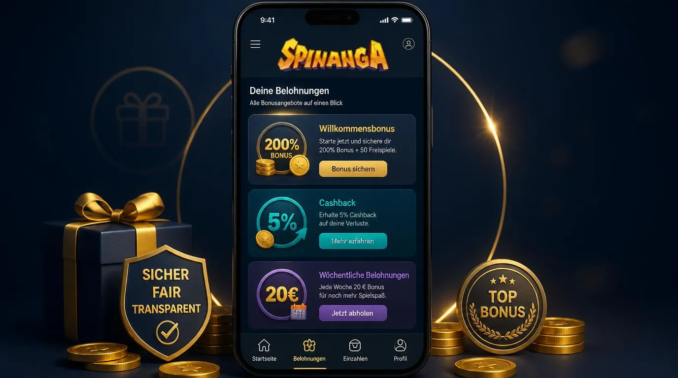 Mobiles Casino-Dashboard mit Willkommensbonus, Cashback und wöchentlichen Freispielen