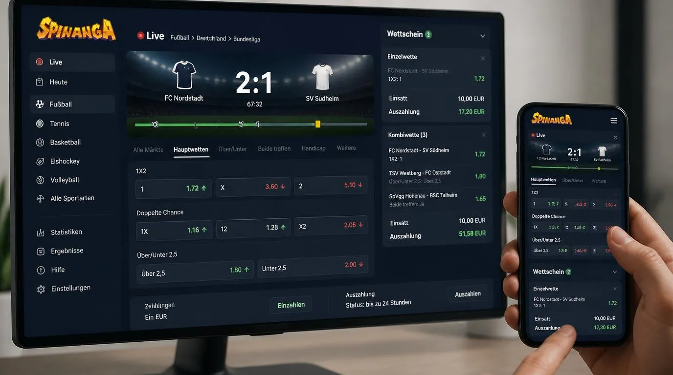 Digitaler Wettschein mit Einzelwette, Kombiwette und Livequoten für ein Fußballspiel